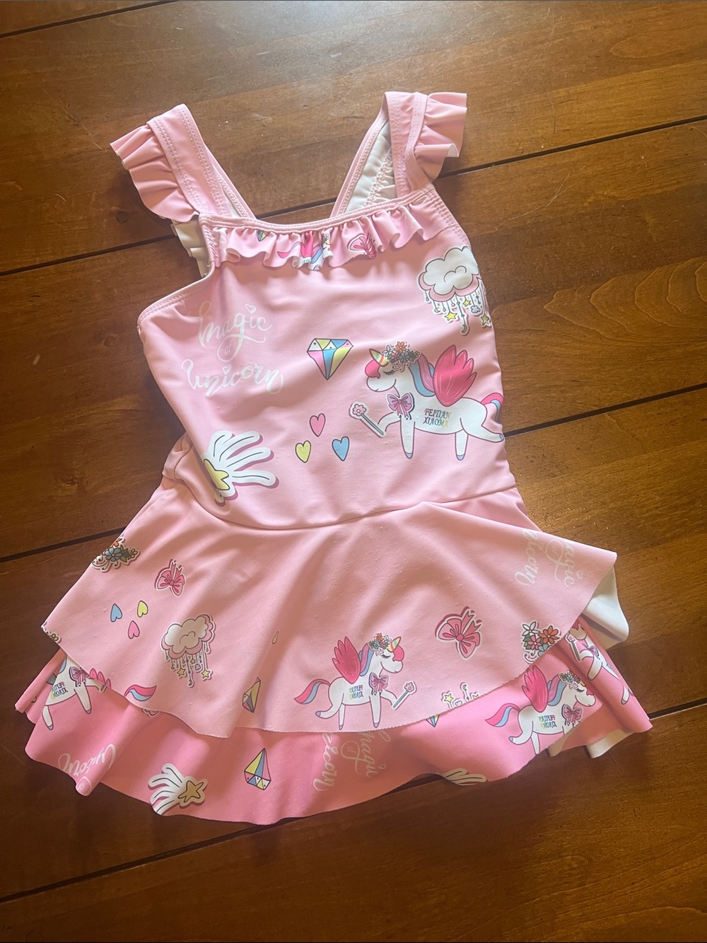 Pink Unicorn Print Ruffle Kids Costume Swimsuit